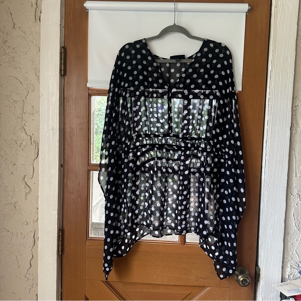 🦋 Lane Bryant Plus Size Black and White Polka Dot Sheer Cover Up Flowy Blouse